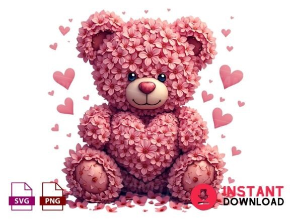 Charming Pink Floral Teddy Bear: A Versatile Design Asset