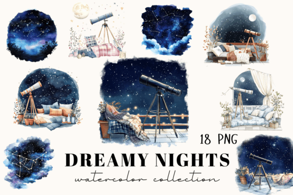 Dreamy Night Watercolor Clipart: Elevate Your Designs